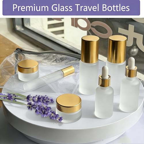 18Pack Glass Travel Bottles for Toiletries, TSA Approved Glass Travel Containers 1.35/0.7/1 oz Golden Small Travel Bottles with Label, BPA Free Leak Proof with Pump Spray Bottles for Makeup, Skincare - color: Golden-frosted glass