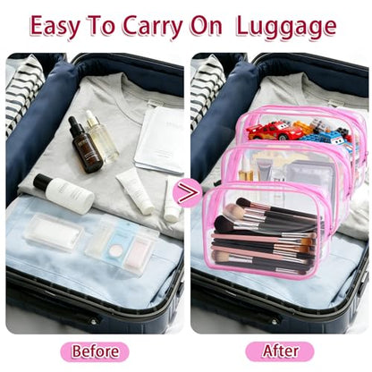 12 Pieces Clear Makeup Bags Bulk, TSA Approved Toiletry Bag PVC Cosmetic Toiletries Pouch with Zipper, Waterproof Vinyl Plastic Organizer Case for Carry-on Travel Essentials (Pink Medium) - color: 12 Medium Pink