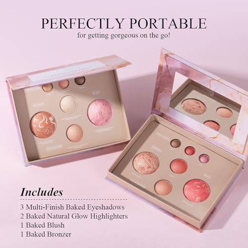 All-in-One Baked Makeup Palette with 3 Eyeshadows, 2 Highlighters, 1 Blush & 1 Bronzer - Highly Pigmented, Silky Smooth, Easy to Blend Full Face Make Up Pallet, Travel-Friendly Makeup Kit (01) - color: 01