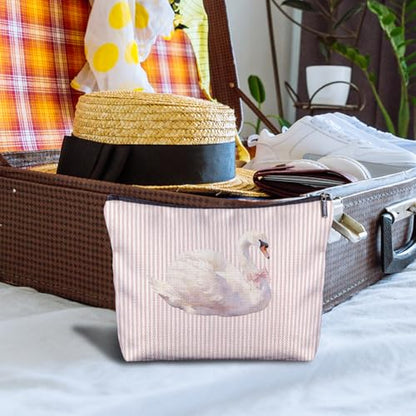 Coquette Pink Bow Swan Makeup Bag, Swan Gifts for Women Cosmetic Bags, Pink and White Striped Preppy Animal Makeup Zipper Pouch - color: Pink Bow Swan