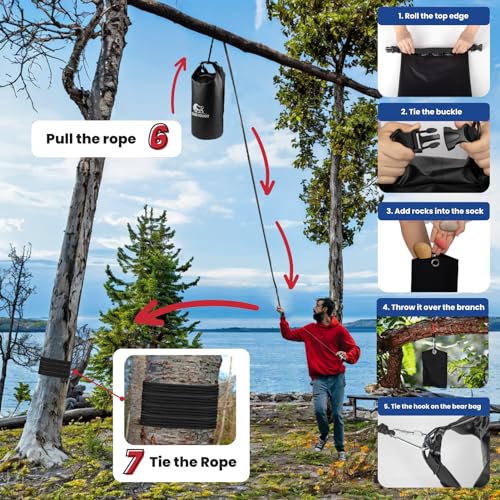 Tough Bison Bear Bag Hanging Kit - 10L Waterproof Bear Proof Food Storage Bag, 2 Straps, Rock Sack & 2 Ropes with 4 Safety Clips for Hiking, Kayaking, Camping, Outdoor Adventures