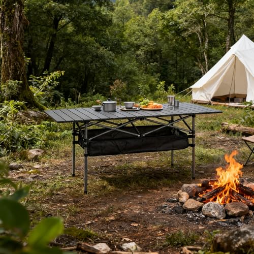 Outdoor Folding Table, 7.93LBS Ultralight Camping Table with Built-in Storage & Carry Bag, 225LBS Heavy Duty Aluminum Tabletop Carbon Steel Frame for Camping, Picnic, Beach, BBQ - color: Black