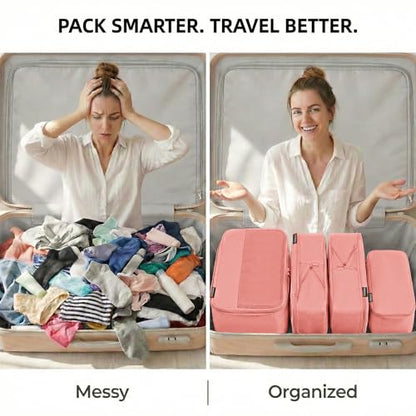 4 Piece Compression Packing Cubes for 3–7 Day Travel, Space Saving Travel Organizers with Breathable Mesh, Double-Zipper Packing Cubes for Carry-On & Suitcases (Blush) - color: Blush