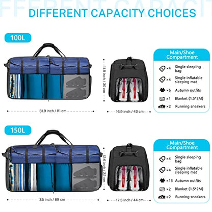 Gonex Large Foldable Travel Duffle Bag with Shoes Compartment, Packable Lightweight Water Repellent Duffel Bag for Camping Gym Weekender Bag - color: Blackish Green, size: 150L