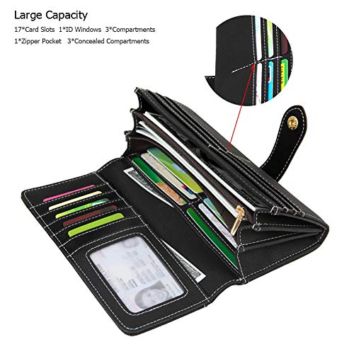 Women's Vegan Leather 17 Card Slots Card Holder Long Big Bifold Wallet - color: Black