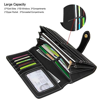 Women's Vegan Leather 17 Card Slots Card Holder Long Big Bifold Wallet - color: Black