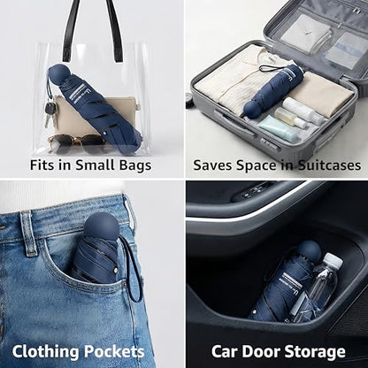 BAODINI Travel Essentials Mini Umbrella for Purse With Case Small Compact UV Sun Protection Lightweight Tiny Pocket Manual Open Close Umbrella for Women Kids and Men Fits Purse Backpack - color: F-1-Navy Blue