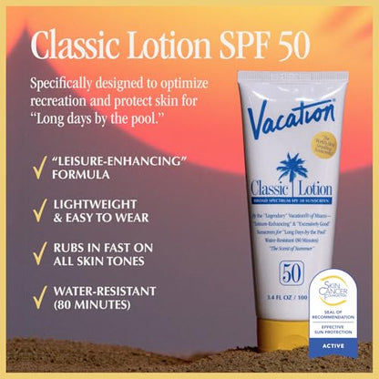 Vacation Classic SPF 50 Sunscreen Lotion and Air Freshener Bundle, 3.4 Fluid Ounces - Invisible, No White Cast, Water-Resistant, Dermatologist-Tested, Vegan, Travel Size - size: 3.4 Fl Oz (Pack of 1), style: SPF 50