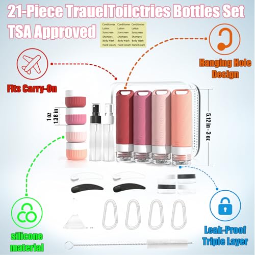 26 Pcs TSA Approved Travel Toiletry Bottles Set, Leakproof Silicone Refillable Travel Containers with Hanging Hole & Carabiner, Travel Essentials, for Shampoo Conditioner Lotion Body Wash - style: G