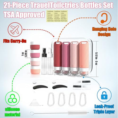 26 Pcs TSA Approved Travel Toiletry Bottles Set, Leakproof Silicone Refillable Travel Containers with Hanging Hole & Carabiner, Travel Essentials, for Shampoo Conditioner Lotion Body Wash - style: G