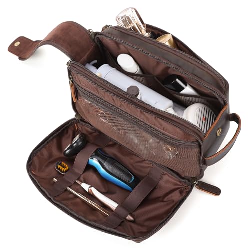 Polare Full Grain Leather Toiletry Bag for Men Large Travel Cosmetic Case Dopp Kit Shaving Kit Wash Pouch with YKK Zippers - color: Dark Brown