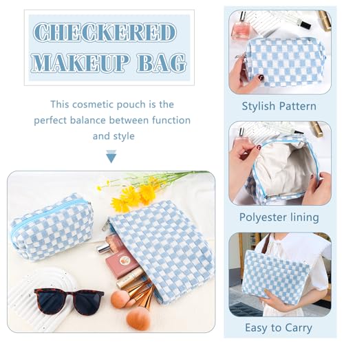 ZLFSRQ 2Pcs Checkered Makeup Bag for Women Large Small Checkered Cosmetic Bag Set Aesthetic Preppy Pencil Case Cute Pencil Pouch Blue Makeup Pouch for Purse Travel Toiletry Bags Zipper Skincare Bags - color: B-Checkered 2Pcs Mix Blue
