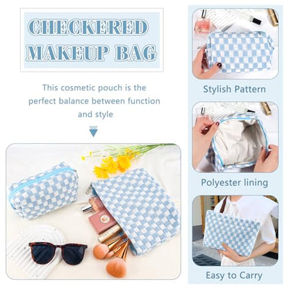 ZLFSRQ 2Pcs Checkered Makeup Bag for Women Large Small Checkered Cosmetic Bag Set Aesthetic Preppy Pencil Case Cute Pencil Pouch Blue Makeup Pouch for Purse Travel Toiletry Bags Zipper Skincare Bags - color: B-Checkered 2Pcs Mix Blue