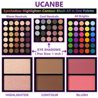 UCANBE Eyeshadow Palette with 15Pcs Brushes Makeup Set, Pigmented 86 Colors Make Up Sets Valentine's Day Gift, Matte Shimmer Glitter Eye Shadow Pallet Highlighter Contour Blush Powder Brush Beauty Kit - color: Palette B + Black Brush