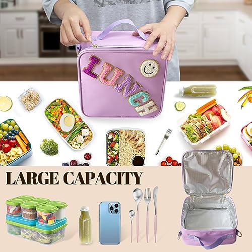 Insulated Lunch Bag With Adjustable Shoulder Strap, Nylon Preppy Lunch Box Large Insulated Lunch Bag Reusable Lunch Tote Bag with Smiley Preppy LunchBag for Girls School Travel Picnic (Purple) - color: Purple