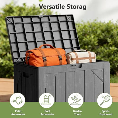 Outdoor Storage Box - 30 Gallon Waterproof Resin Deck Box, Lockable Patio Storage Bench for Package Delivery, Cushions & Garden Tools, UV Resistant (Grey)