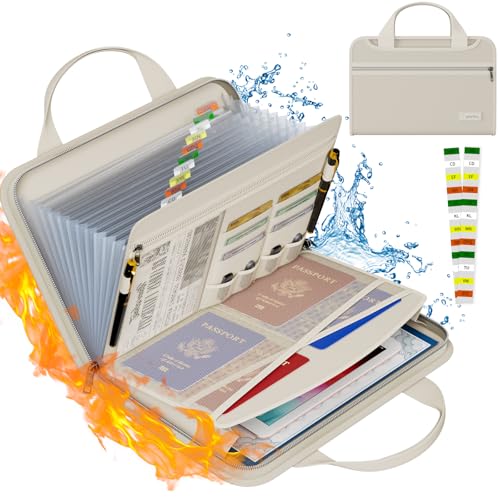 Tamfile Fireproof Accordion File Organizer with Handle, 13 Pocket Expanding File Folder with Zipper & Labels, File Folder with Multi-Pockets Paper Organizer Folder for Letter A4 Files, Beige - color: Beige, style: Clear Pocket