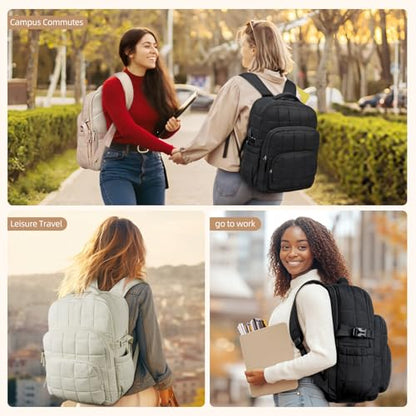 CLUCI 17.3 Inch Laptop Backpack for Women, Anti Theft Travel Backpack, Puffer Quilted Work Backpack, Water Resistant College Bookbag, Carry on backpack with RFID (Beige) - color: White