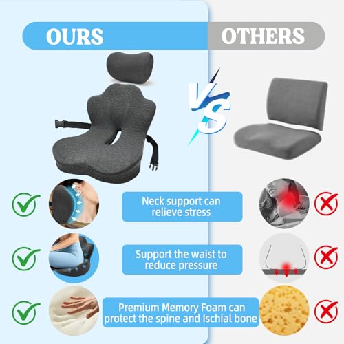 3-in-1 Memory Foam Seat Cushion & Headrest Pillow with Lumbar Support L-Shaped Ergonomic Driver Seat Cushions Design for Sciatica and Tailbone Pain Relief Comfort for Car,Truck,Chair - size: 19''x16.14''x13.18''