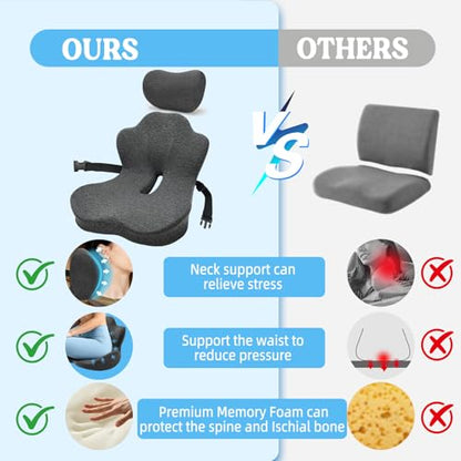 3-in-1 Memory Foam Seat Cushion & Headrest Pillow with Lumbar Support L-Shaped Ergonomic Driver Seat Cushions Design for Sciatica and Tailbone Pain Relief Comfort for Car,Truck,Chair - size: 19''x16.14''x13.18''