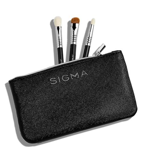 Sigma Beauty Glam ‘N Glow Mini Eye Makeup Brush Set – Set of 3 Eye Makeup Brushes for Blending, Shading, Lining, and Smudging, Includes Stylish Black Small Makeup Bag (4 Pcs) - style: Glam 'N Go Mini Eye Brush Set
