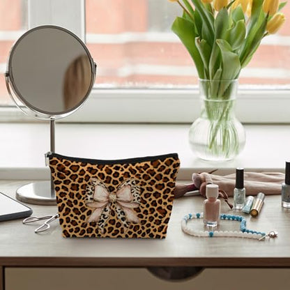 Leopard Coquette Bow Makeup Bag, Leopard Cheetah Gifts Supplies Cosmetic Bags Travel Toiletry Bag for Women, Trendy Cheetah Bow Print Zipper Makeup Pouches for Purse - color: Cheetah Bow