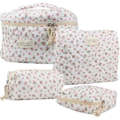 NATINSA Cute Makeup Bag for Women(2 Pcs), Travel Cosmetic Bags, Quilted Coquette Aesthetic Floral Toiletry Organizer Bag (42 - Red Rose/4PCS) - color: 42 - Red Rose/4PCS