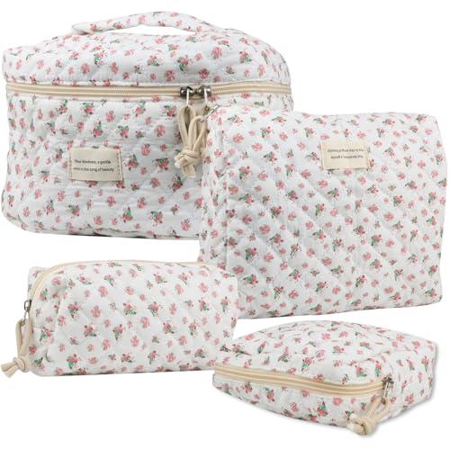 NATINSA Cute Makeup Bag for Women(2 Pcs), Travel Cosmetic Bags, Quilted Coquette Aesthetic Floral Toiletry Organizer Bag (42 - Red Rose/4PCS) - color: 42 - Red Rose/4PCS
