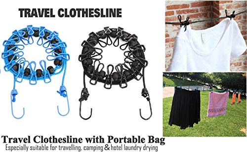1 Pack Portable Clothesline with 12 Clothespins, Windproof Travel Clothesline Stretchy Retractable Elastic Laundry Clothes Line for Backyard, Vacation Hotel, Balcony Clothes Drying Line - size: 1P - Black