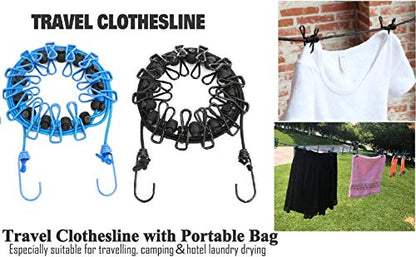 1 Pack Portable Clothesline with 12 Clothespins, Windproof Travel Clothesline Stretchy Retractable Elastic Laundry Clothes Line for Backyard, Vacation Hotel, Balcony Clothes Drying Line - size: 1P - Black
