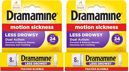 Dramamine Motion Sickness Relief Less Drowsey Formula, 8 Count (Pack of 2) - size: 8 Count (Pack of 2)