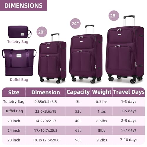 LARVENDER Softside Luggage Sets 5 Piece Expandable Suitcases Set with Spinner Wheels TSA Lock, Lightweight Soft Shell Rolling Travel Luggage Set for Men and Women, Purple - color: Purple, size: 5 Piece Set