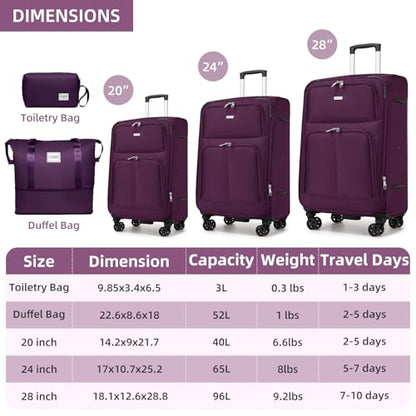 LARVENDER Softside Luggage Sets 5 Piece Expandable Suitcases Set with Spinner Wheels TSA Lock, Lightweight Soft Shell Rolling Travel Luggage Set for Men and Women, Purple - color: Purple, size: 5 Piece Set