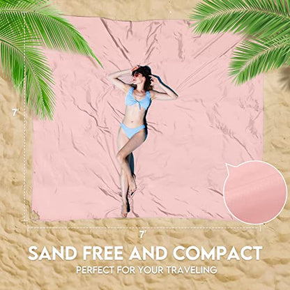 BYDOLL Nylon Beach Blanket Waterproof Sandproof Oversized 7'x7' Suits 1-5 Adults Sand Free Extra Large Blanket Lightweight Soft Picnic Mat for Beach Travel Camping - color: Pink, size: 7'x 7'