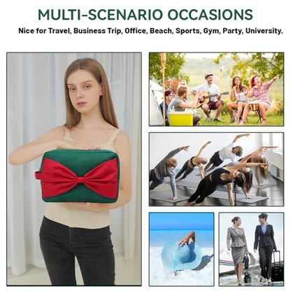 Beach Vacation Essentials Large Makeup Bag Fashion Bow Cosmetic Pouch Travel Toiletry Kit Bag for Women (XL,Green-Bow) - color: Green-Bow, size: XL