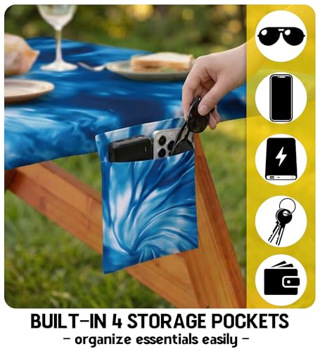 Picnic Table Cover with Bench Covers Camping Essentials Windproof Waterproof Patio Outdoor Tablecloth with Storage Bag, Fitted Rectangle Tables and Seats Tablecover for Rv Owner Camper 72in - color: Blue Tie-dye, size: 72in