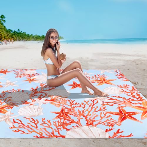 Beach Blanket Waterproof Sandproof, 9 Ft X 10 Ft Extra Large Sand Free Beach Mat, Big Compact Lightweight Quick Drying Picnic Blanket with 4 Stakes & Pockets for Camping, Travel, Hiking - color: Red Starfish, size: 9x10 FT (1～8 person)