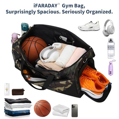 iFARADAY Men's Gym Bag with Shoe Compartment, 24 inch, Camo | 52L, Multi Pockets, Sport Duffle Bag, Travel, Fitness & Workout - color: Camouflage