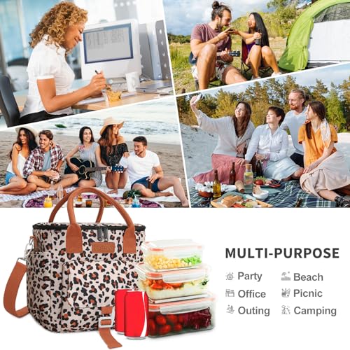 Joymee Insulated Lunch Bag for Women Reusable Leakproof - Leopard Print | Large Spacious, Cooler Lunch Bag, Adjustable Shoulder Strap, With Side Pocket, Bottle Holder, for Office Work Picnic Travel - color: Brown Leopard Print