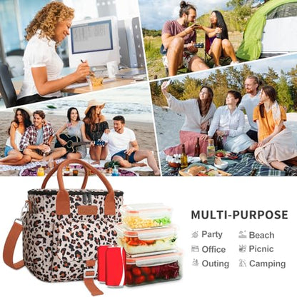 Joymee Insulated Lunch Bag for Women Reusable Leakproof - Leopard Print | Large Spacious, Cooler Lunch Bag, Adjustable Shoulder Strap, With Side Pocket, Bottle Holder, for Office Work Picnic Travel - color: Brown Leopard Print