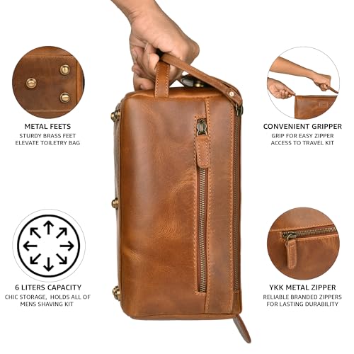LEATHER VILLAGE Genuine Leather Travel Toiletry Bag - Water-Resistant Dopp Kit for Toiletries, Large Shaving Bag & Bathroom Organizer - Gift for Men & Women - Tan Brown - color: Sun Tan