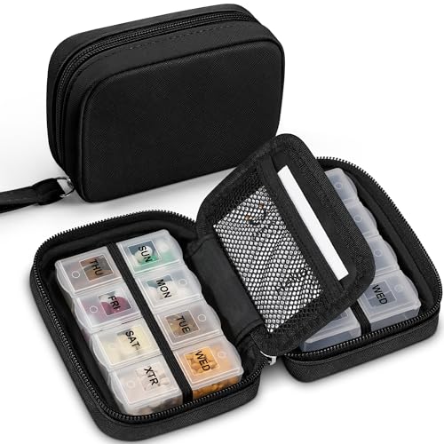 Zannaki Cute Pill Organizer for Purse with Two Removable 7-Day Pill Box, Travel PU Leather Pill Case, Portable Weekly Pill Container with Storage Bag to Hold Vitamins, Fish Oils, Supplements (Black) - color: Black