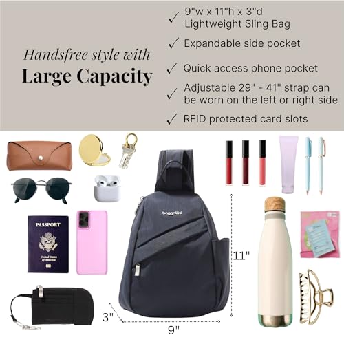 Baggallini Medium Sling Backpack - 9"x11" Lightweight Sling Bag with Convertible Adjustable Shoulder Strap - color: French Navy
