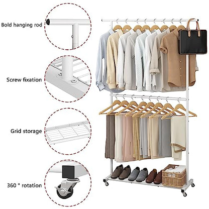 Sywhitta Double Rod Clothing Garment Rack, Rolling Coat Hanger with Bottom Mesh, Clothing Rack for Hanging Clothes, Coats, Skirts, Sweaters, White - color: White, size: With mesh
