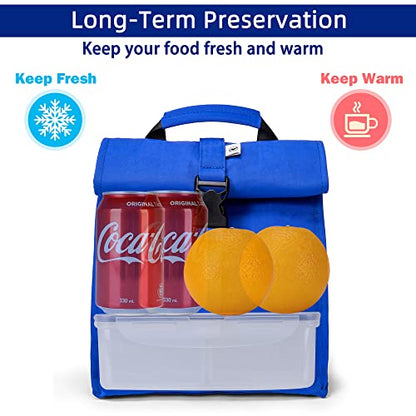 SUNNY BIRD Insulated Lunch Bag Rolltop Lunch Box Tote Lunchbox Bag for Women, Men, Adults and Kids (Blue) - color: Blue