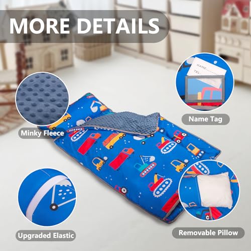 Primlect Thickened Toddler Nap Mat with Removable Pillow and Minky Blanket, Extra Large 55''x35'' Sleeping Bag, Washable, Roll up, Perfect for Daycare, Preschool, Kindergarten, Boys and Girls Blue Car - color: Blue Car