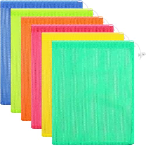 Frienda 6 Pieces Mesh Stuff Sack, 11 x 15 Inch Durable Nylon Drawstring Laundry Bag for Rinsing Beach Toys, Seashell Collecting, Mesh Bags for Travel(Fluorescent Color) - color: Fluorescent Color