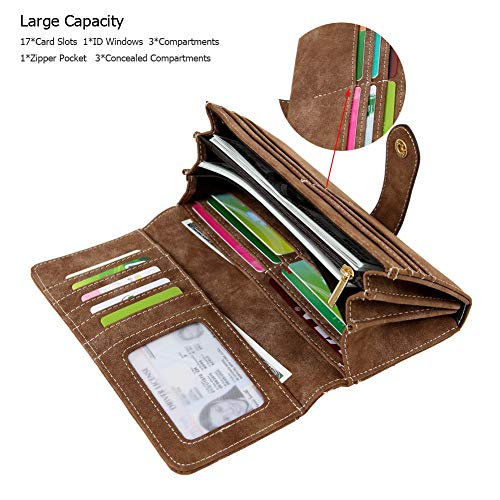 Women's Vegan Leather 17 Card Slots Card Holder Long Big Bifold Wallet - color: Coffee