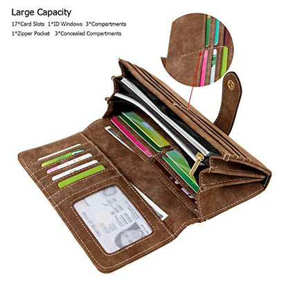 Women's Vegan Leather 17 Card Slots Card Holder Long Big Bifold Wallet - color: Coffee