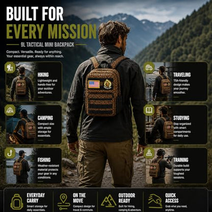 9L Mini Tactical Backpack for Men Women,Small Military Tactical Backpack for Sport,Gym,Hiking,Travel,Camping(Leopard) - color: Leopard